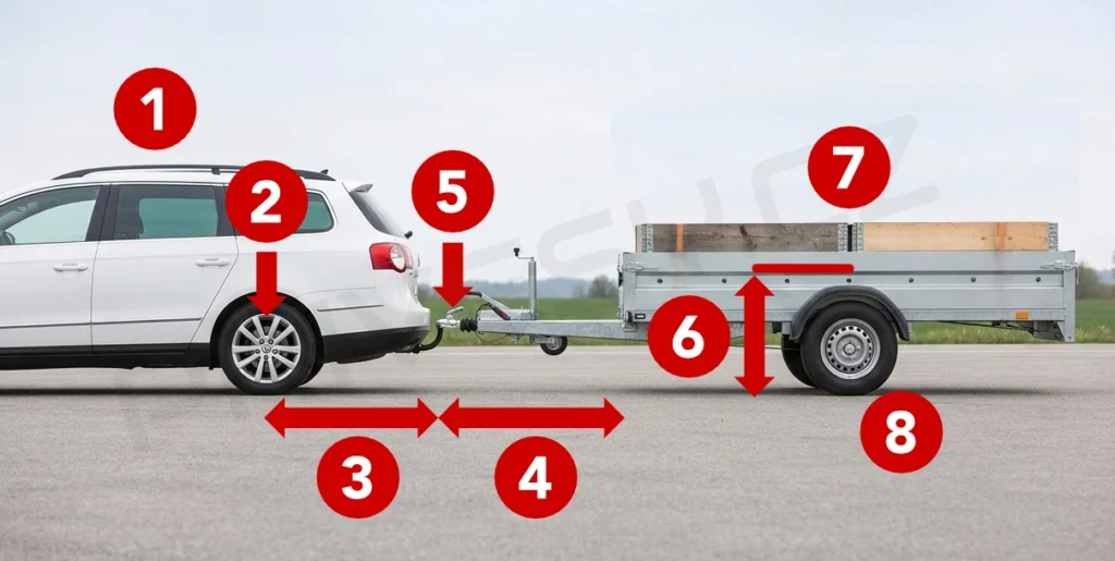 Prvky jízdní soupravy automobilu s přívěsem, které ovlivňují jízdní vlastnosti a stabilitu.